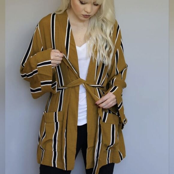 Olivaceous Striped Belted Open Cardigan Mustard Size M Medium - Picture 1 of 10
